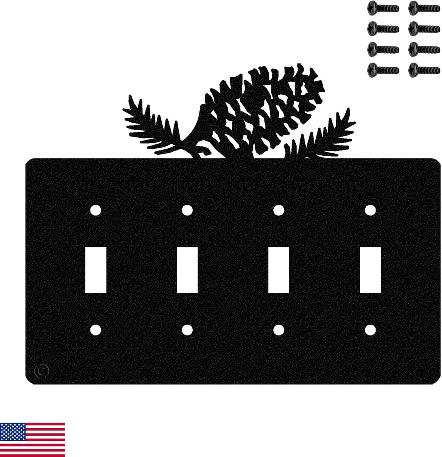 Pine Cone Quadruple Toggle Light Switch Wall Plate (Quadruple Toggle, Black) - MADE IN USA