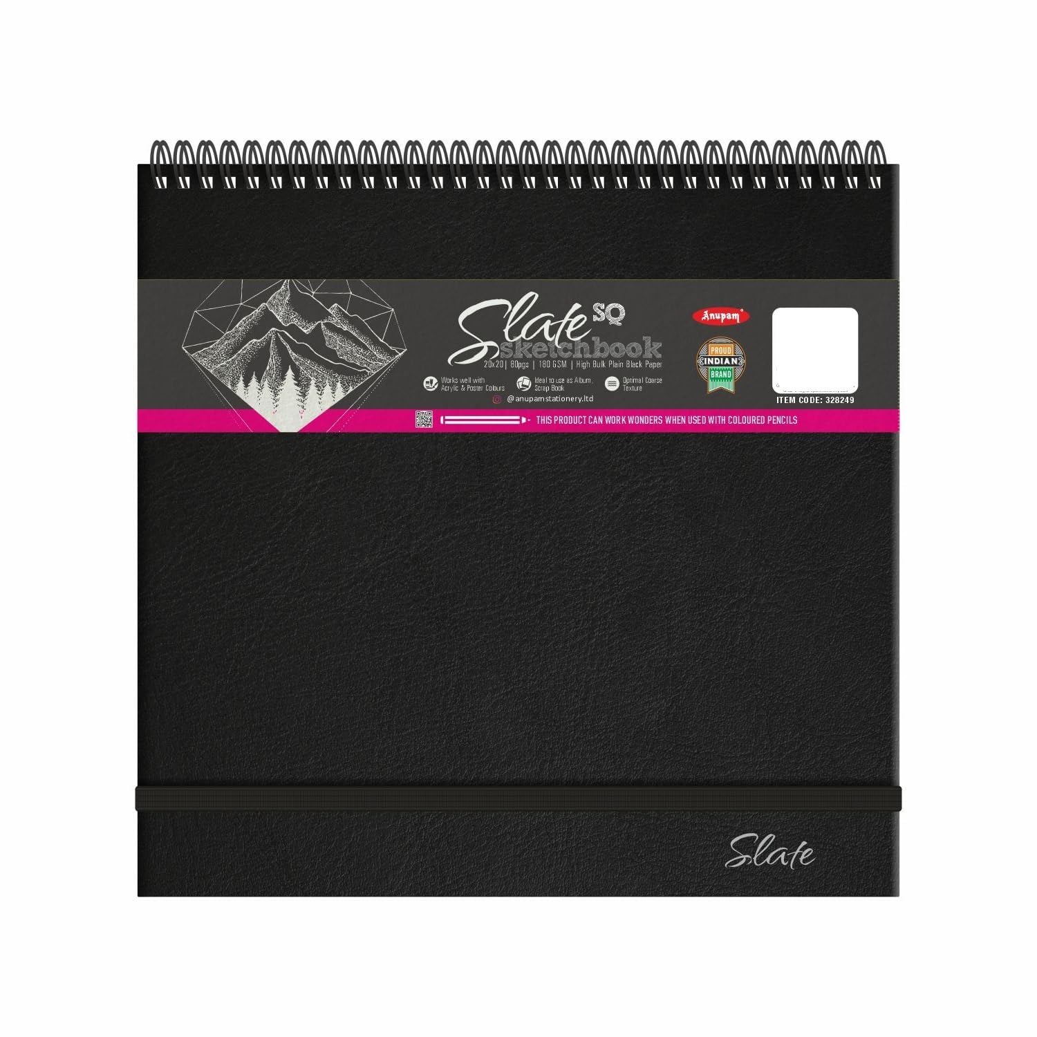 Anupam Sketcho Slate - Landscape Opening - SQ Size - Hard Bound - Wireo Book - 180 GSM - 80 Cartridge Black Paper with Elastic Closure - for Artists, Professional