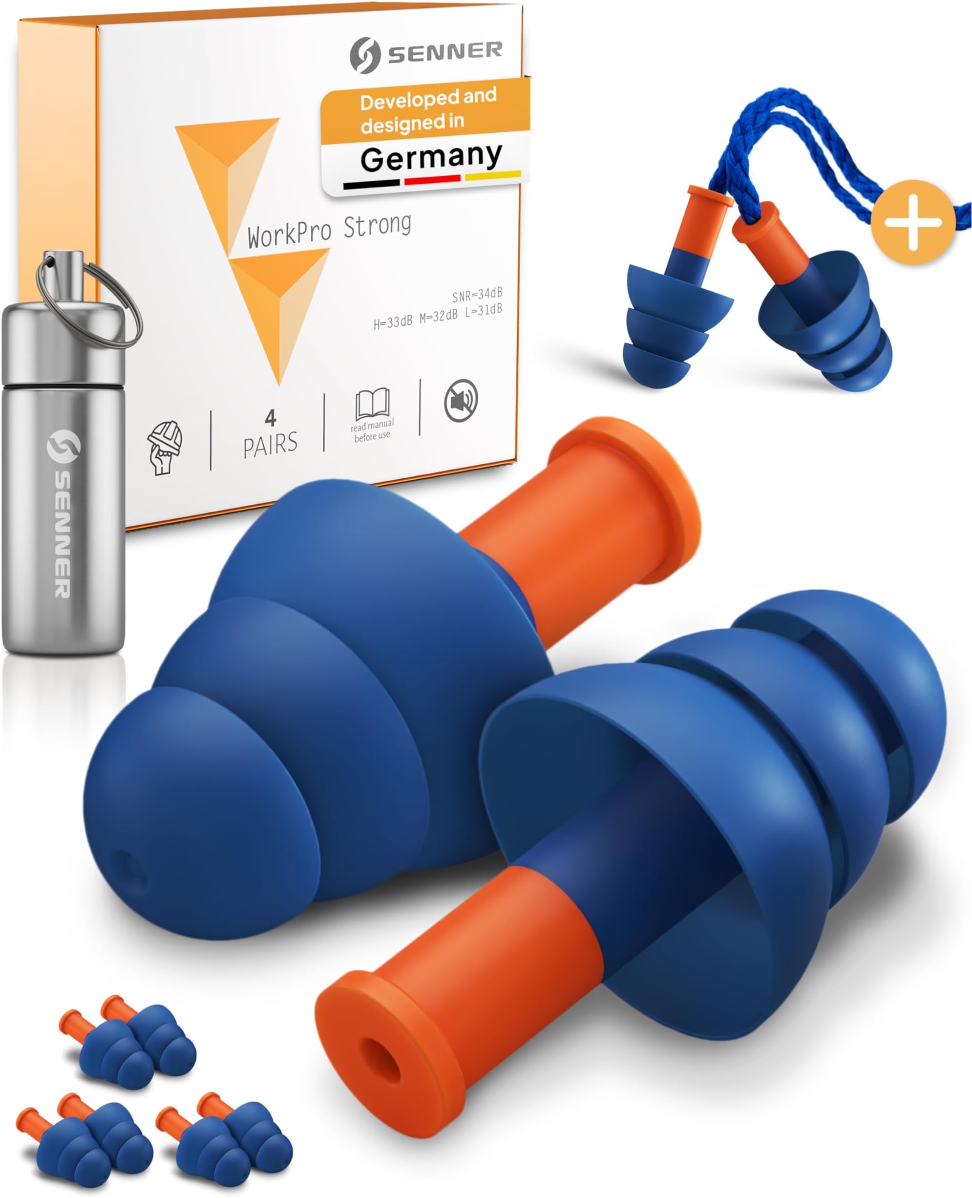 Senner ® WorkPro Strong | Earplugs for Work – Ideal for Loud Noise Sources – Hearing Protection at Work and at Home – with 3 Extra Pairs, Nylon Cord, and Aluminum Container