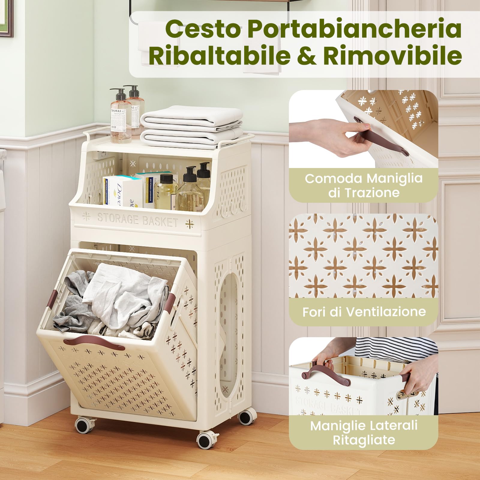 COSTWAY Cesto Portabiancheria Pieghevole con Ruote | Carrello Organizzatore per Bagno con Contenitore di Stoccaggio e Ganci, in Plastica a Più Strati