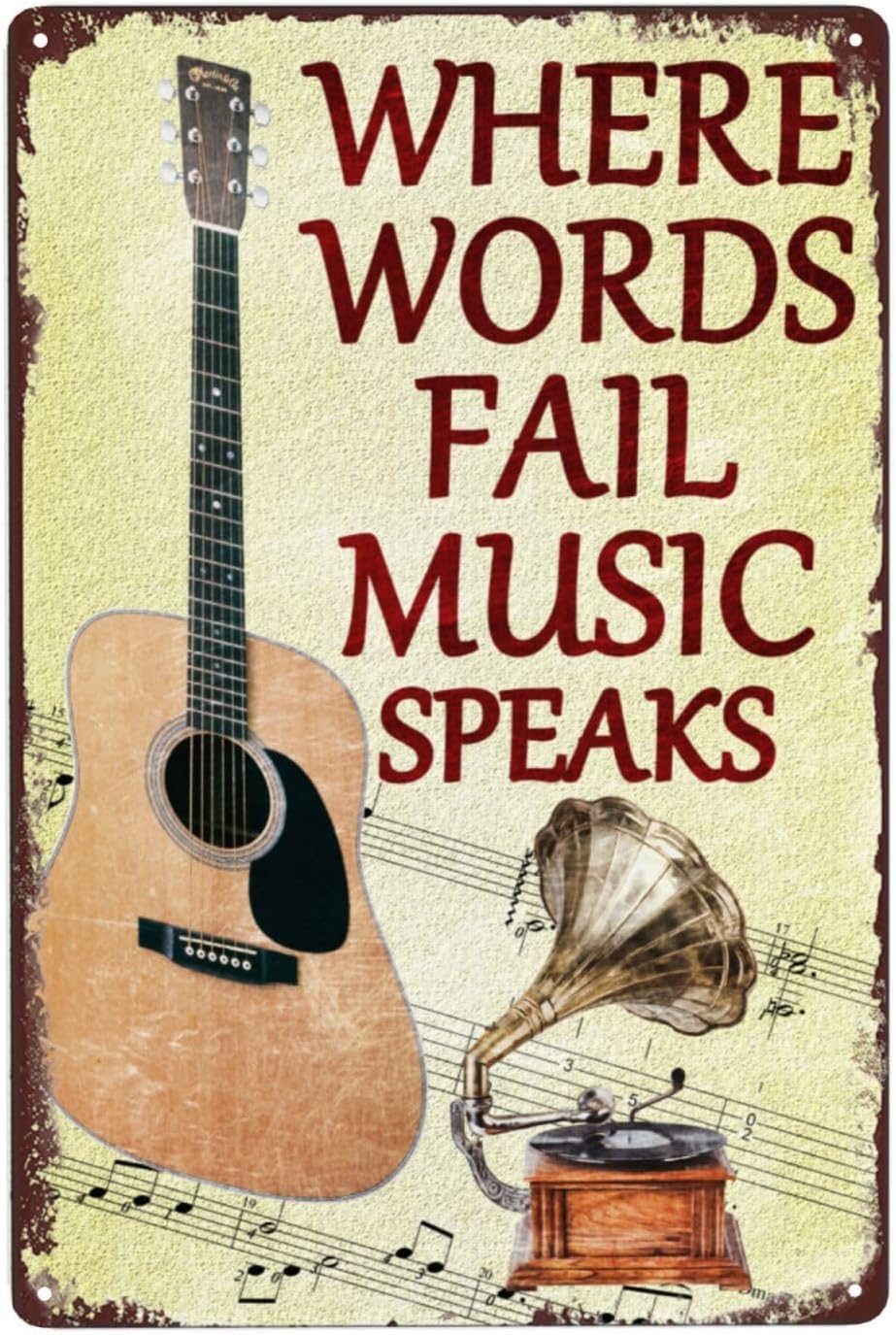 SMAZDFXX Guitar Phonograph Where Words Fail Music Speaks Musical Vintage Metal Tin Signs Wall Art Poster Home Decor Room Door Accessories Cafes Bar Club Office Store 12"x16"