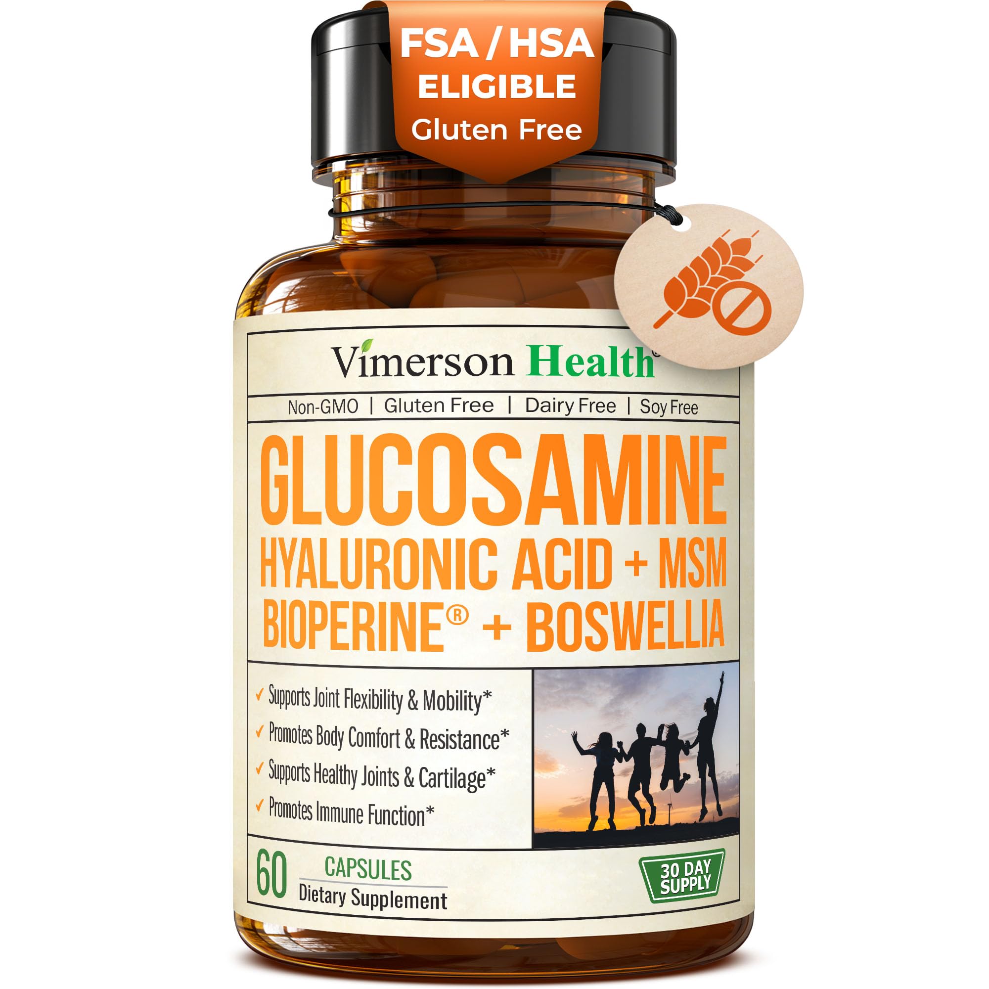 Glucosamine Sulfate with Hyaluronic Acid, Boswellia, Black Pepper & MSM Supplement – 5-in-1 Joint Supplements for Men and Women – Joint Health, Mobility & Bone Strength – FSA Eligible 60 Caps