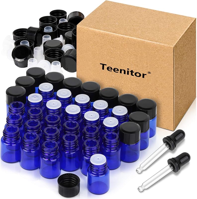 Teenitor Frascos de Vidro Azuis de 2 mL com Tampas e Conta-gotas, 36 Unidades