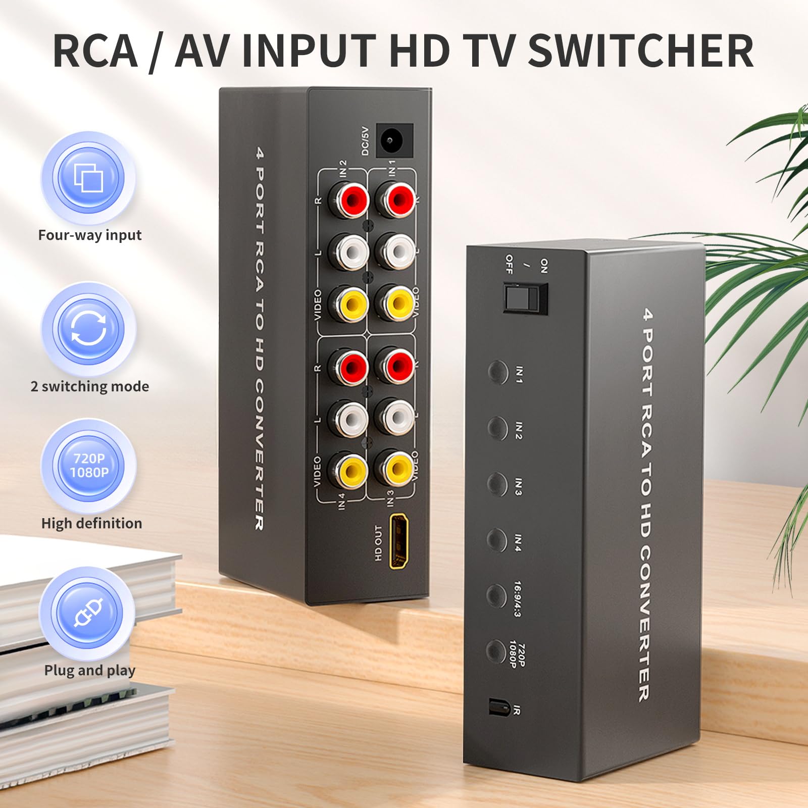 Convertidor AV a HDMI de 4 puertos, adaptador RCA (rojo, amarillo y blanco) a salida HDMI | 4 entradas compuestas, 1 salida HDMI, salida 720P/1080P (60HZ), soporta conmutación 4:3/16:9, con control remoto IR