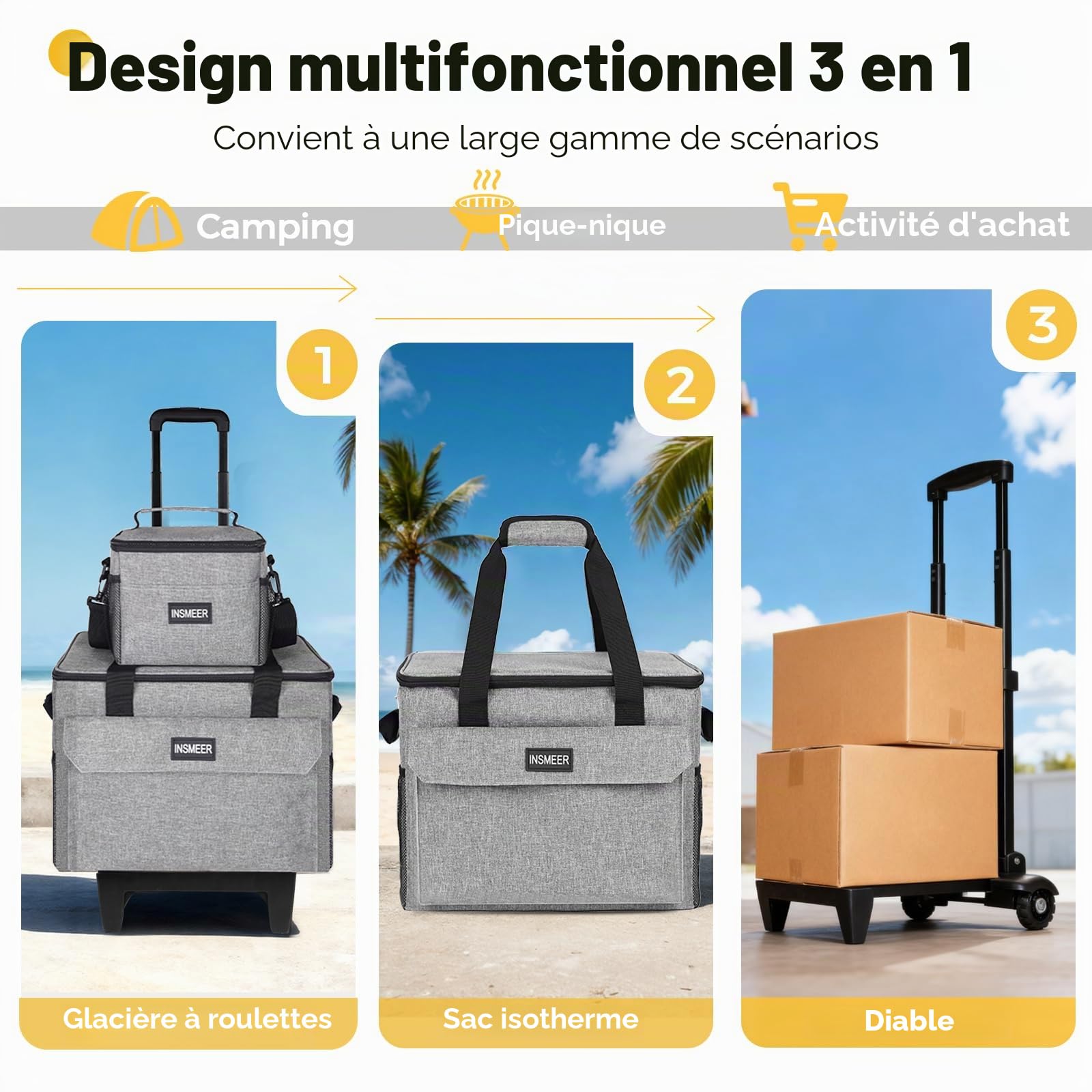 INSMEER Sac isotherme à roulettes 35 l avec sac à déjeuner et doublure rigide pliable 2 en 1 | Doublure rigide pliable, isolée 2 en 1, pour pique-nique, camping, plage, courses, glacière sur roue, 36 canettes