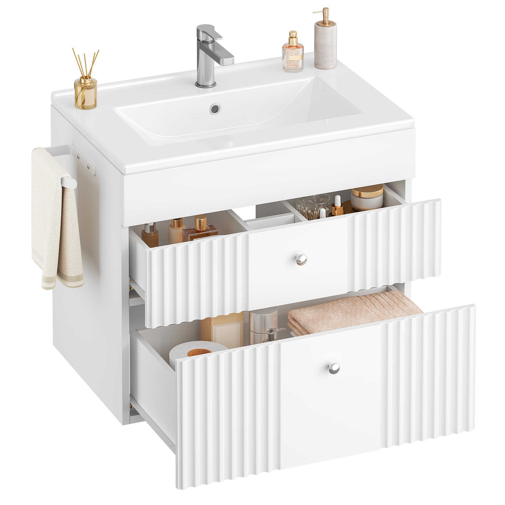 Hzuaneri Mobiletto da Bagno Sospeso a Parete, con Lavabo Integrato in Ceramica, 2 Cassetti, Portasciugamani, Mobile Bagno, Archiviazione ad Alta Capacità, 40 x 60 x 50 cm, Moderno, Bianco BC64103X