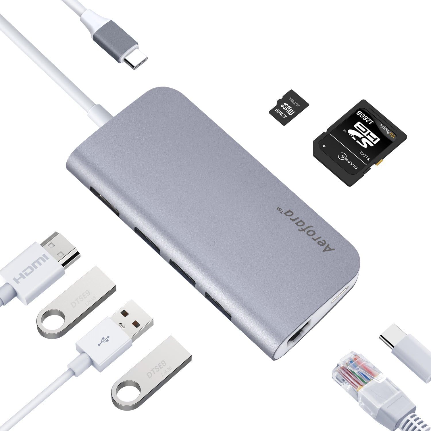 USB Type C Hub Adapter with HDMI Ethernet Power Delivery PD2.0, SD/ MicroSD Card Reader, 3 USB 3.0 Ports, Aluminum 8 in 1 Multiport Adapter Dongle for Dell XPS 13 15, Macbook Pro,Google Chromebook, More (Space Gray)