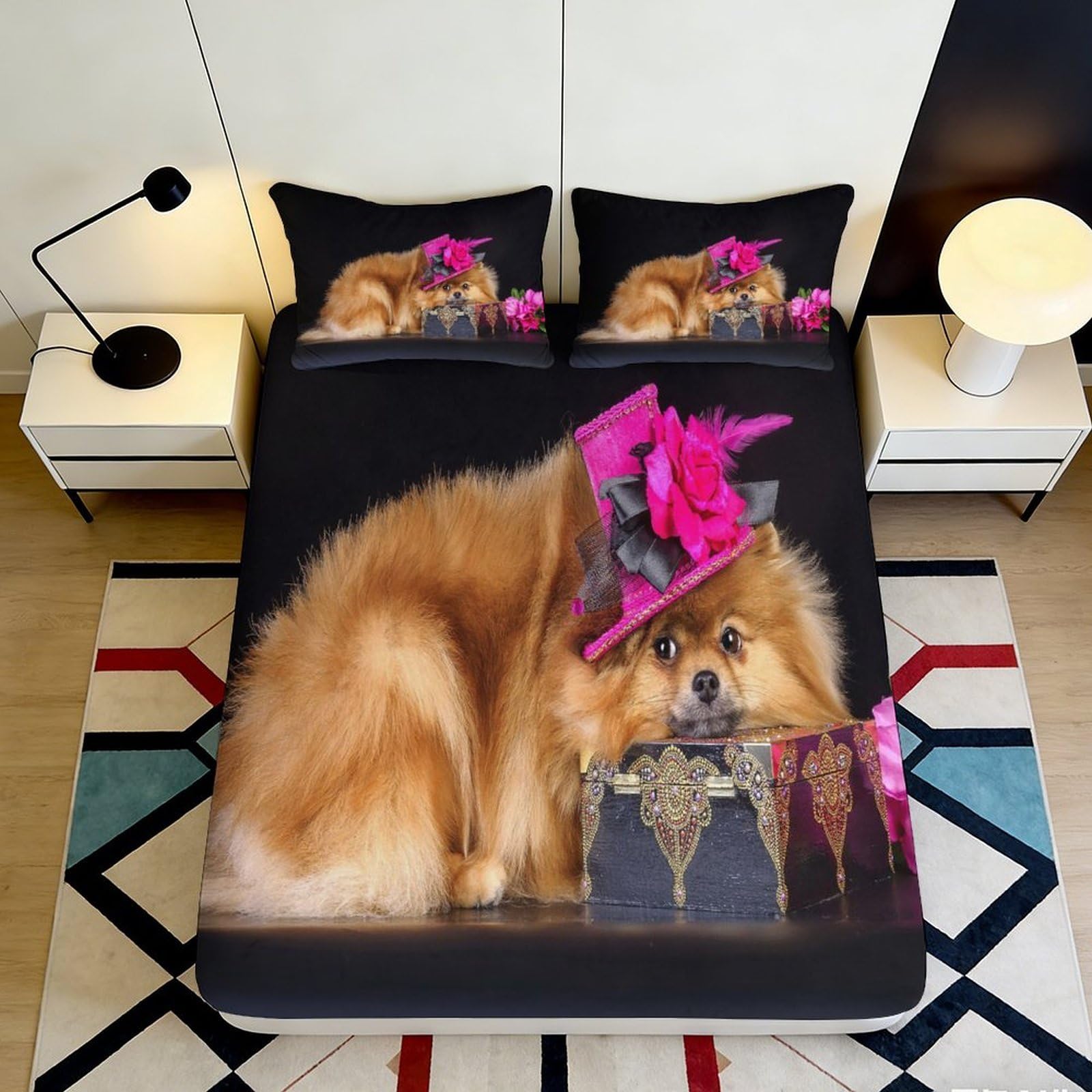 Uxinyoume Style-5 3D Printed Pomeranian Dog Fitted Sheet Microfiber Soft Breathable Pink Hat Bed Cover For Bedroom Decor Mattress Protection 90X200x25cm