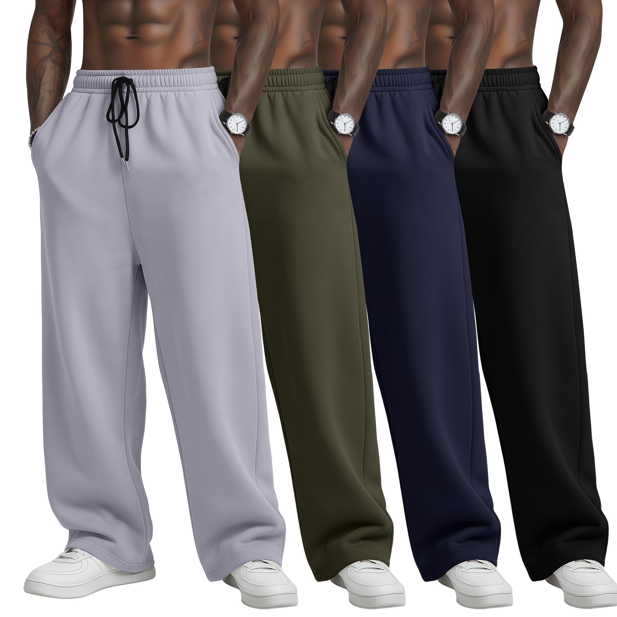 4 Pack Mens Big and Tall Sweatpants Athletic Workout Lounge Open Bottom Pants Drawstring Joggers with Pockets