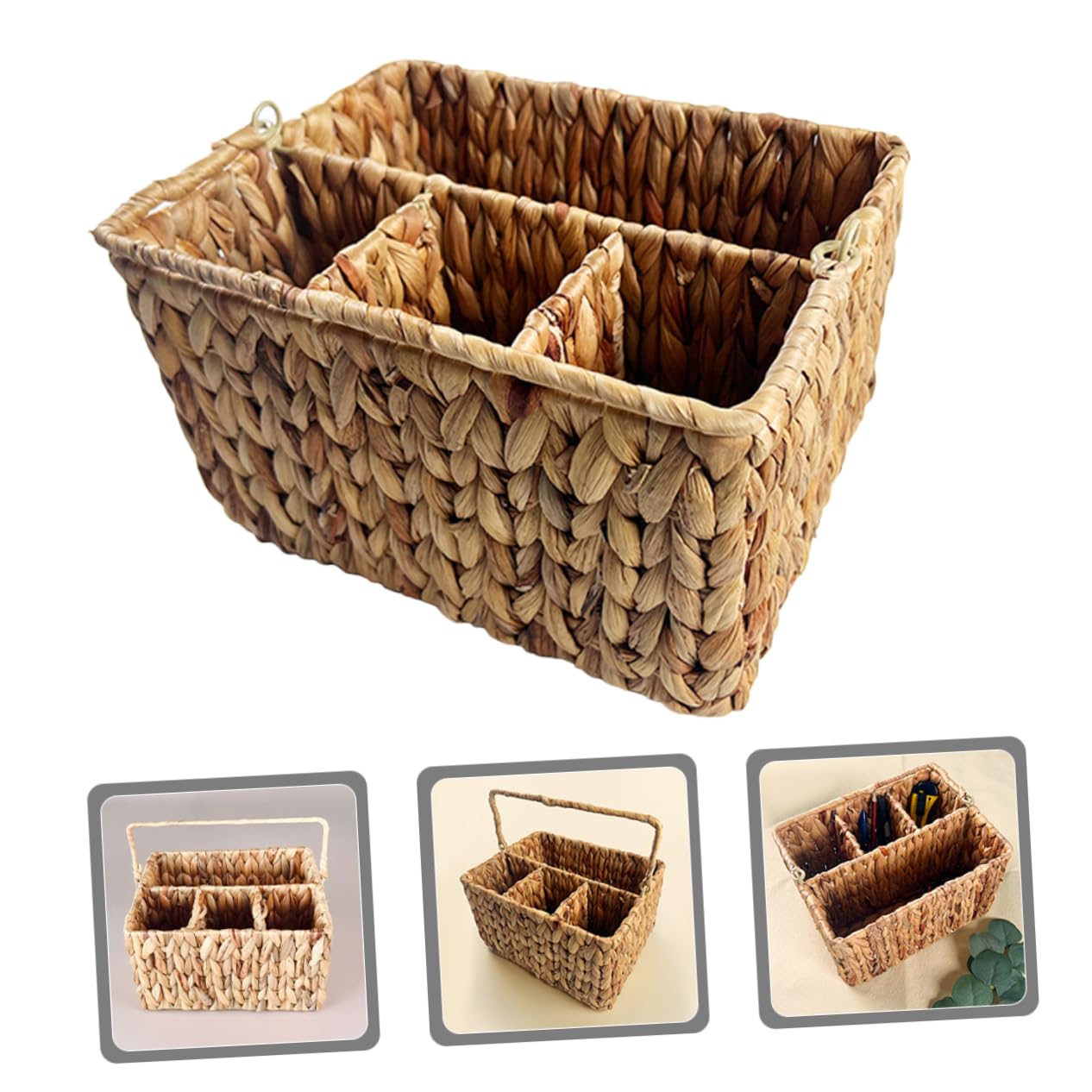 Cesta Tejida de Fibra Natural para Cubiertos con Compartimentos, Organizador Decorativo y Delicado para Cocina y Baño, Soporte Multifunción de Hierro