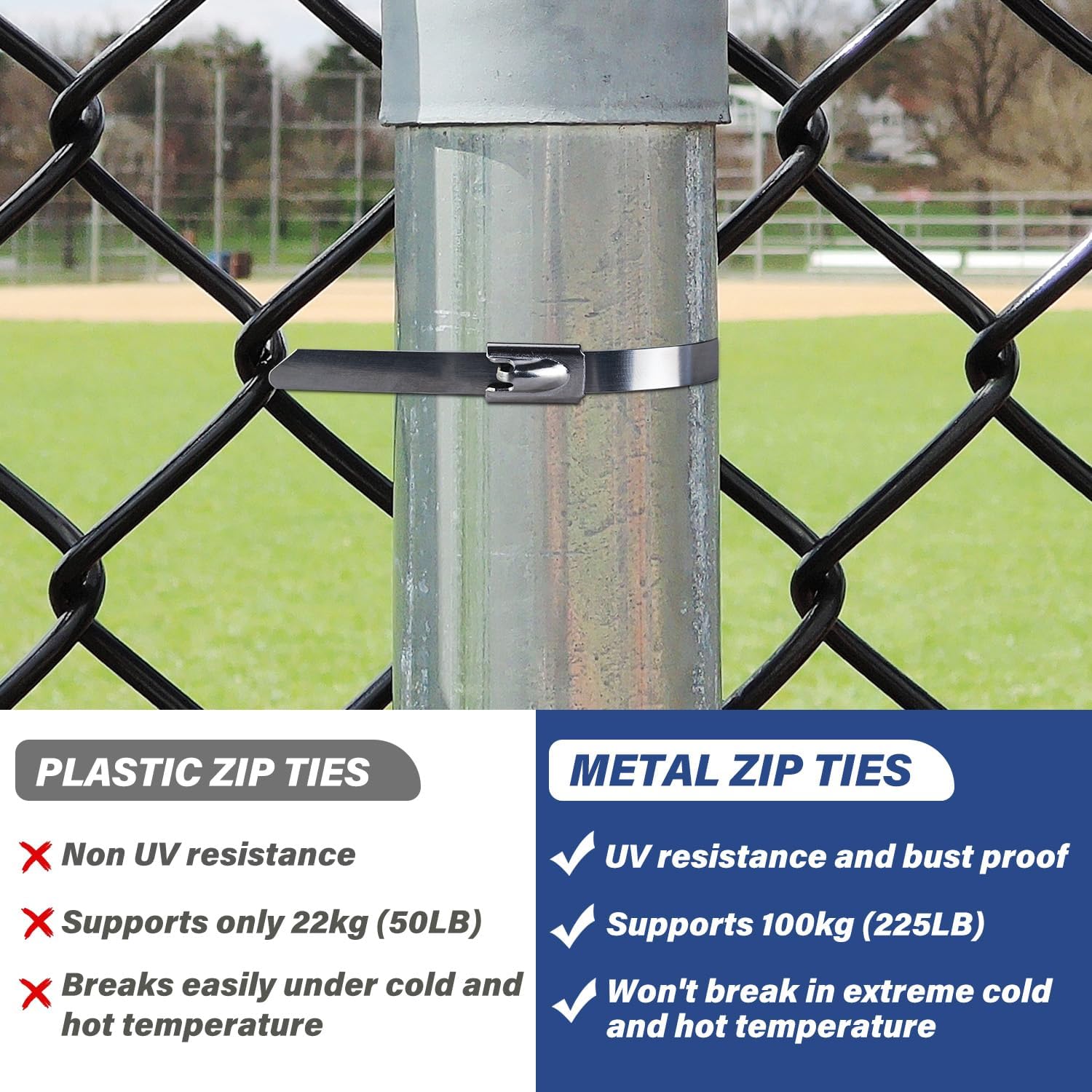 Stainless Steel Zip Ties 100PCS 11.8 Inch Heavy Duty Metal Self Locking Cable Ties for Chain Link Fence, Exhaust Wrap, Thermal Insulation, Outdoor, Industrial Use
