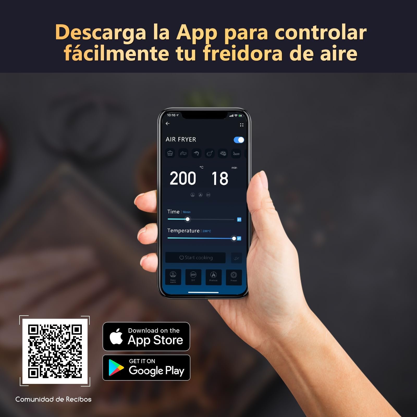 Aigostar Cube Smart - Freidora de aire inteligente sin aceite, Conexión Wifi, 1900W, 7L, Modo manual, Pantalla LED táctil, 7 funciones preestablecidas + mantener caliente y modo manual, Libre de BPA