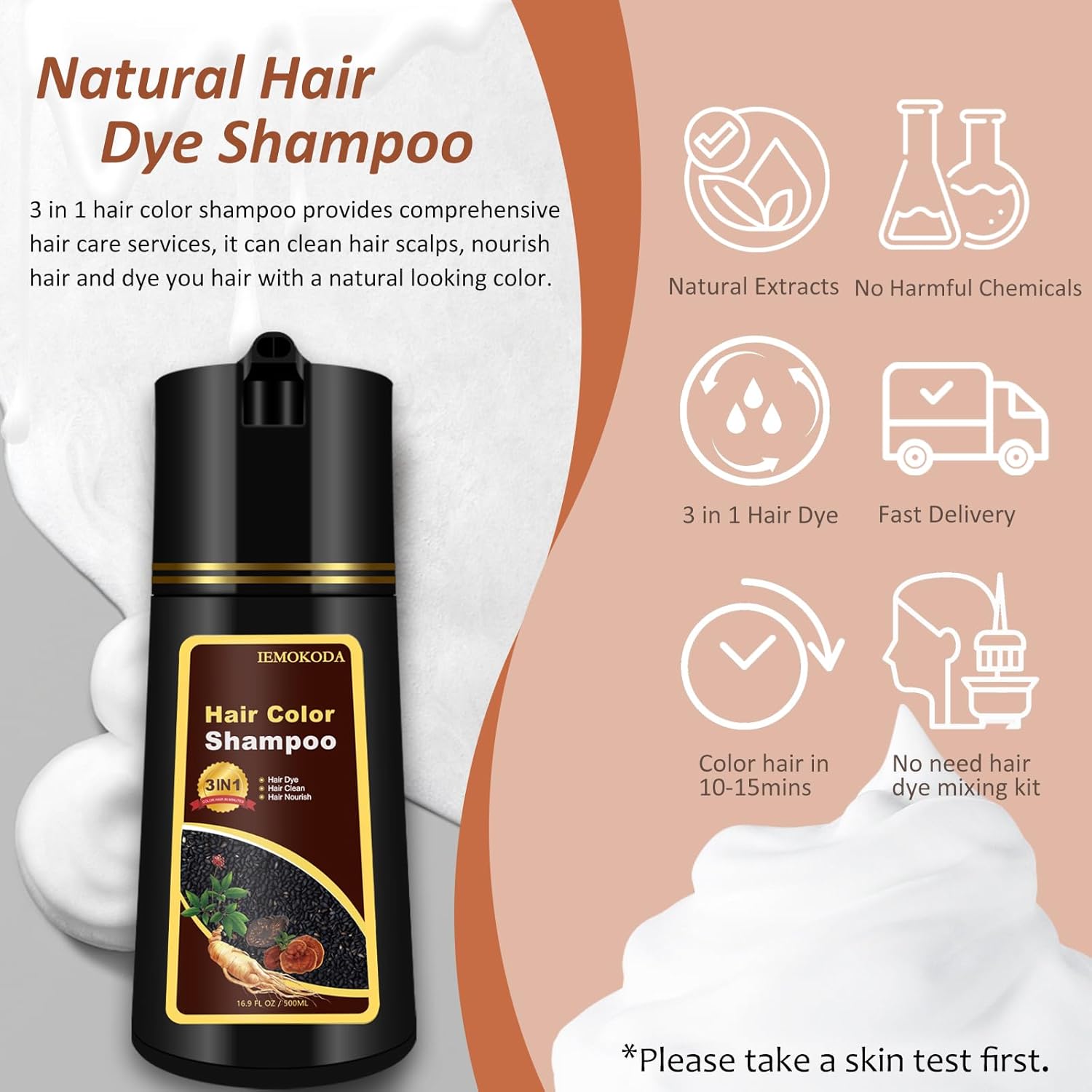 Natural Light Brown Hair Dye Shampoo 3 in 1 for Men & Women, Herbal Instant Color Shampoo Para Canas, 100% Gray Hair Coverage, 16.9 Fl Oz