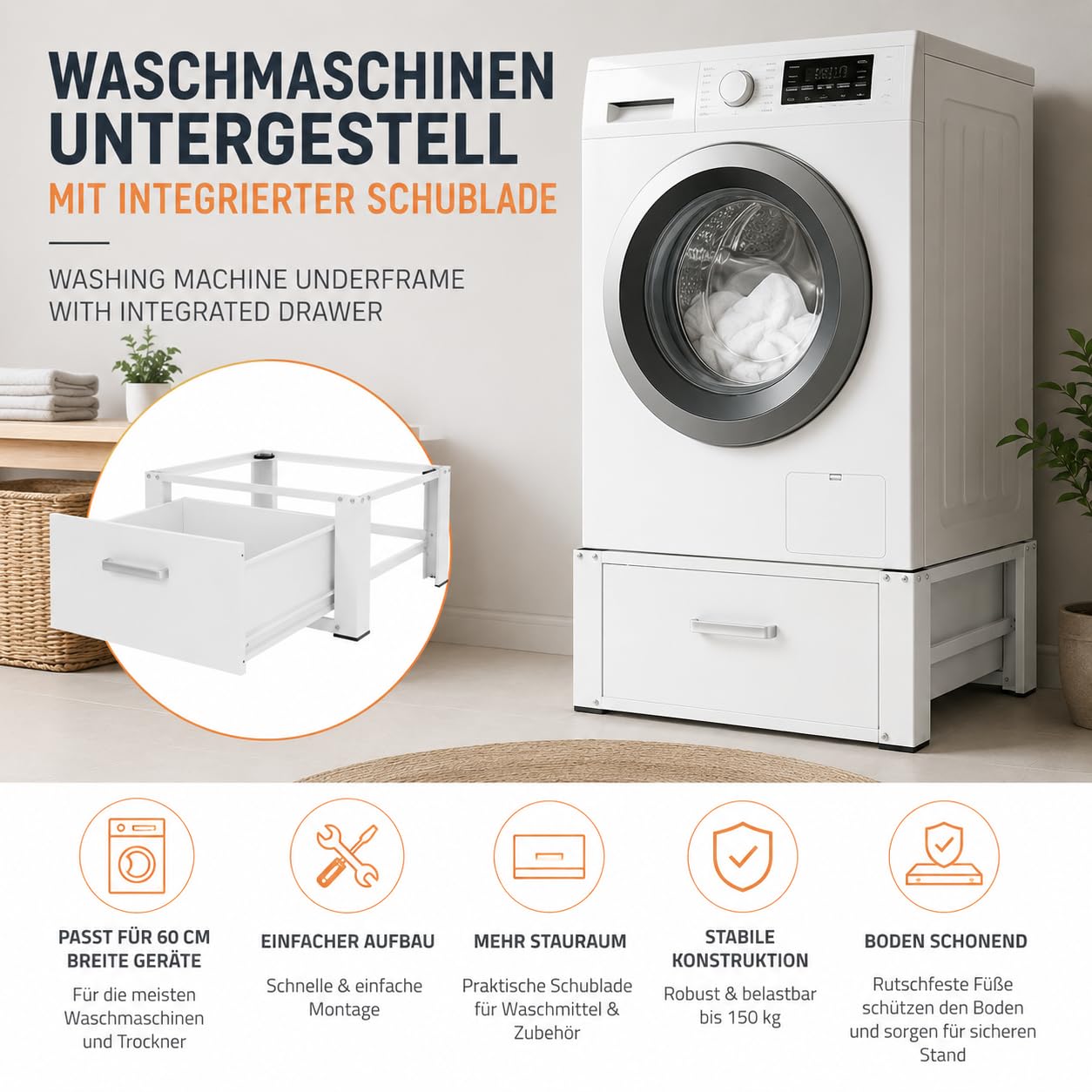 Easy Act Waschmaschinen Untergestell mit Schublade, Waschmaschinen Podest 63x54 cm, Waschmaschinen Sockel aus Stahl bis 150 kg, Unterbau für Waschmaschine & Trockner, Erhöhung 31,5 cm, Weiß