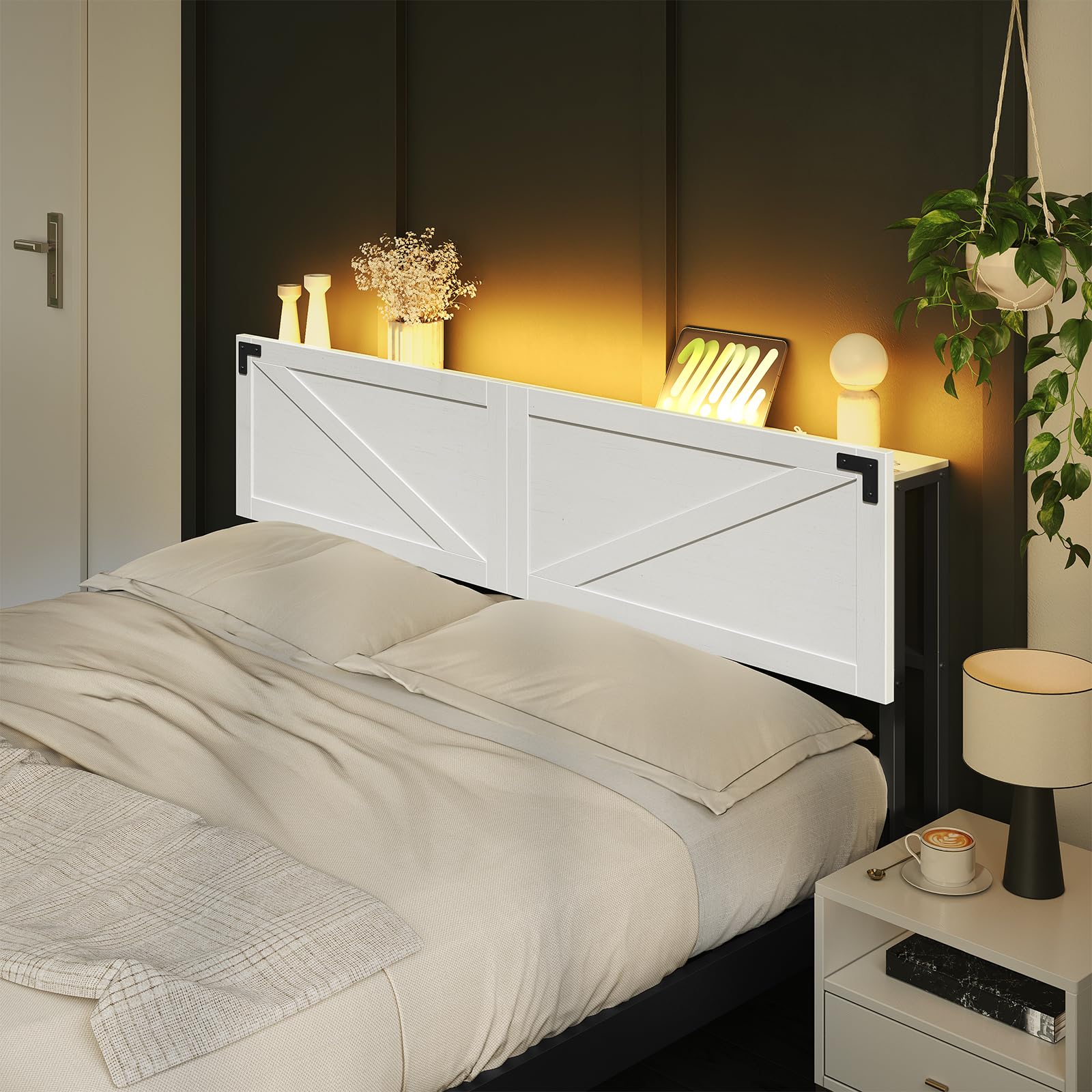 Cabecera tamaño King con 2 salidas y 4 puertos USB, cabecera de granja, con luces LED, almacenamiento seguro con valla elevada, con adaptador de marco de cama, color blanco y negro 5