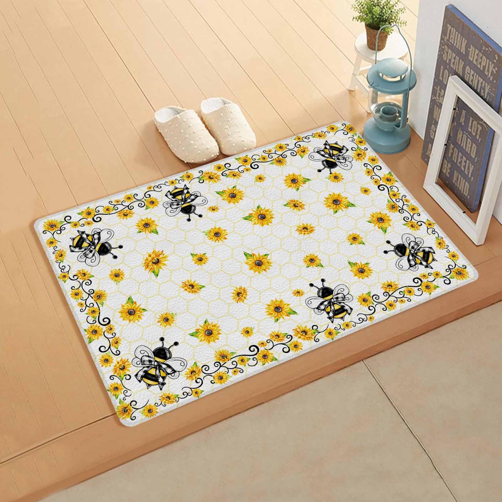 Yellow Sunflower Antifatigue Kitchen Bath Door Mat Cushioned Runner Rug,Washable Welcome Floor Sink Mat,Waterproof & Non-Slip Kitchen Standing Doormat,Bee Spring Floral Summer Geometric Cube 18