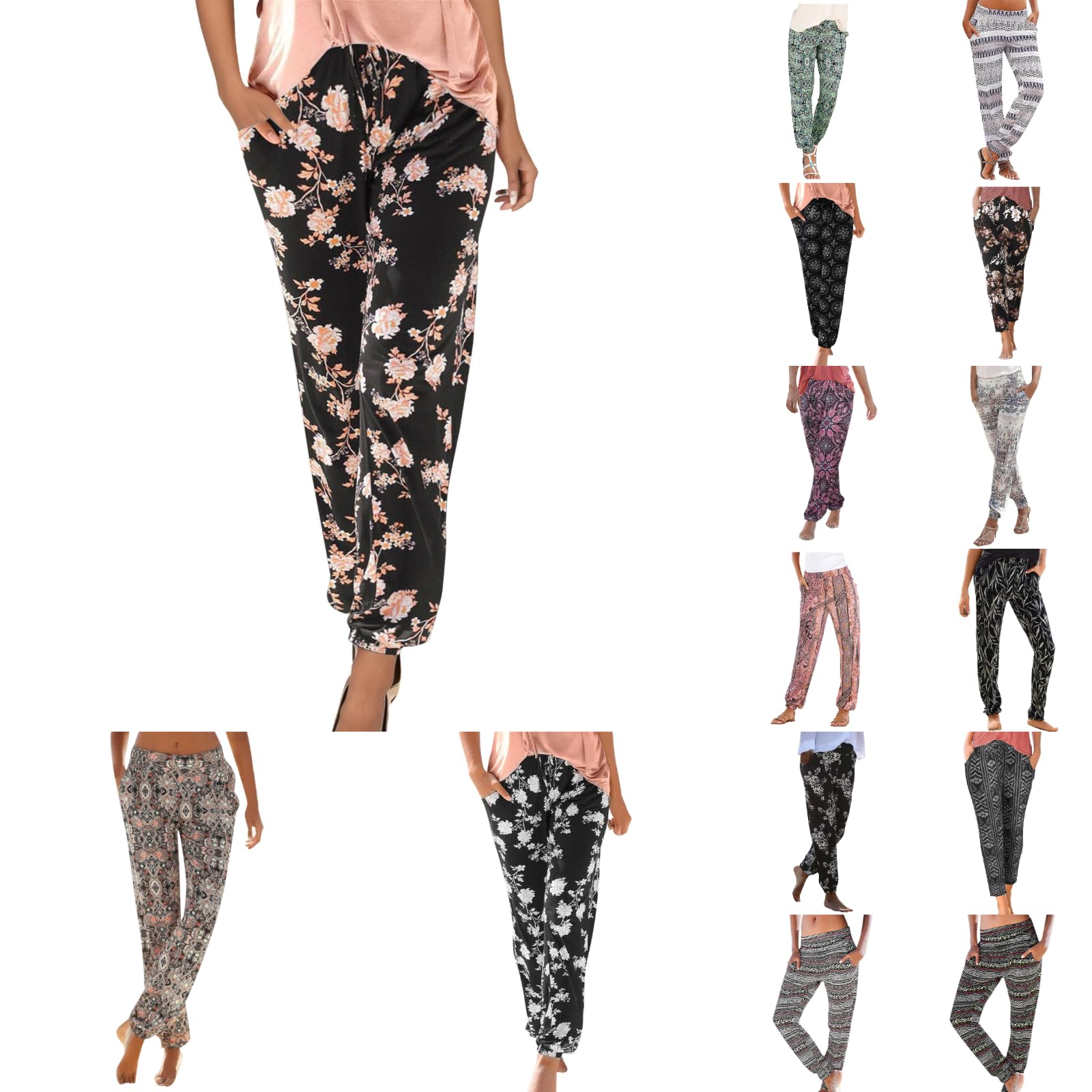 Ausing Pantalon Jambe Large Femme Pantalon Portefeuille Bohème Boho Palazzo Pantalons Baggy Plage Fluide Imprimé Été Taille Élastique Haute Jupe Décontracté Hippie Thai De Yoga Pilates Indienne Noir