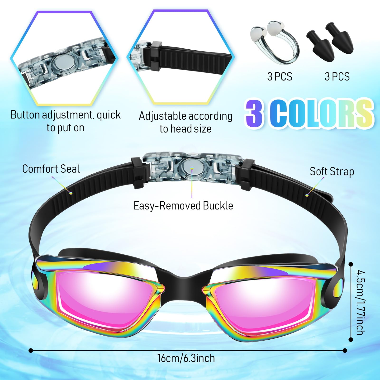 Flutesan Schwimmbrille aus Silikon, verstellbar, beschlagfrei, mit Nasenklammer und Ohrstöpseln für Erwachsene, Herren, Damen, Jugendliche, Wasserpool, Schwimmen, 3 Farben (stilvolle Farbe), 3 Stück