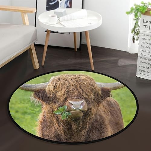 Highland Cow - Alfombra redonda de 3 pies para dormitorio, lavable, color verde, alfombra antideslizante con respaldo de goma, decoración para sala