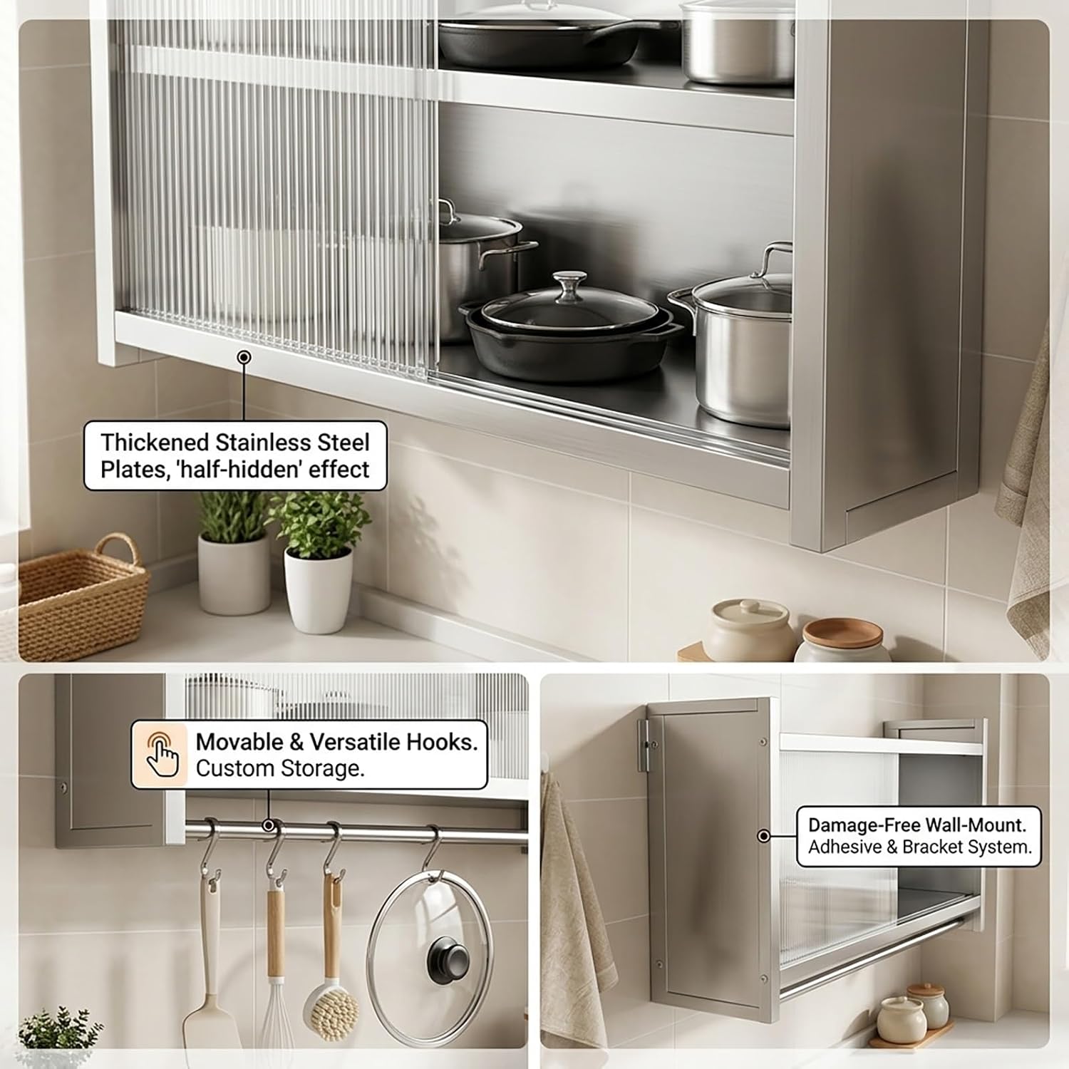 Stainless Steel Kitchen Wall Storage Cabinet - Sliding Acrylic Door Pantry Organizer - Wall-Mounted Metal Floating Shelf for Bathroom & Garage(W9.8xL23.6xH18.1in)