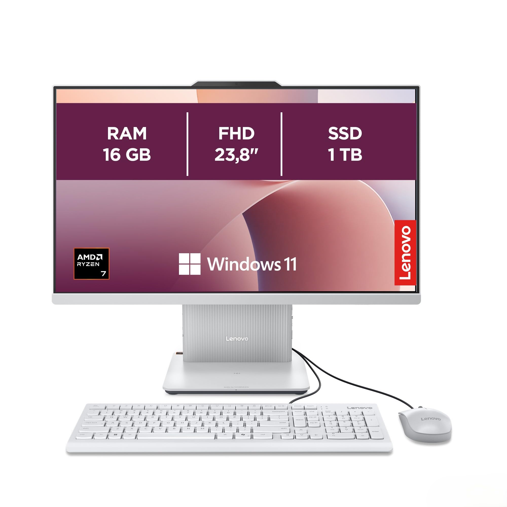 Lenovo IdeaCentre All-In-One AI-PC | 23.8"Full HD Display | AMD Ryzen 7 250 | 16GB RAM | 1TB SSD | AMD Radeon Grafik | Win11 | Augenschutz | Inkl.USB Maus-Tastatur | Cloud grau | 3 Monate Premium Care