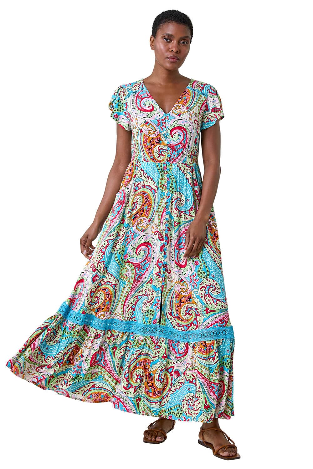 Roman Shirred Empire Waist Dress for Women UK Ladies Midi Maxi Summer Spring Tiered Frill Hem Short Sleeve V Neck Button Through Boho Bohemian Holiday Cruise