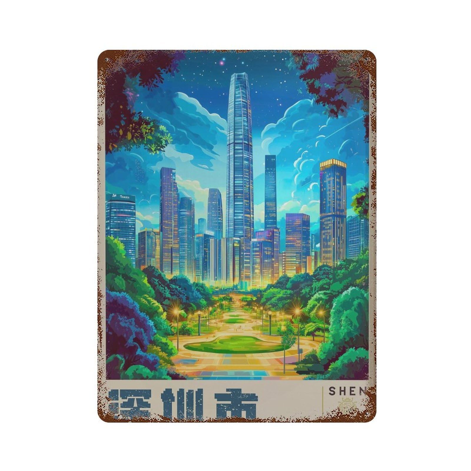 xiaoxiaoshen Shenzhen China Travel Cityscape in Chinese Wall Decor Art Metal Tin Poster Modern Home Decor Art Home Bar Shop Decorations Vintage Sign 40x30cm