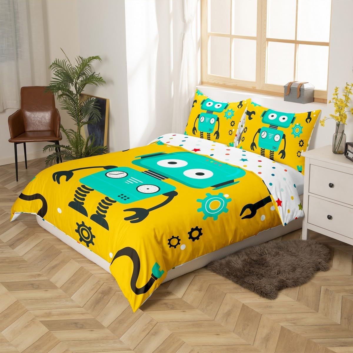 Abstract Robot Duvet Cover Queen Size Kawaii Sci-Fi Robots Bedding Set 3pcs Cartoon Funny Geometric Comforter Cover for Kids Room Decor Intelligent Machine Quilt Cover,2 Pillowcases(Not Comforter) image 2