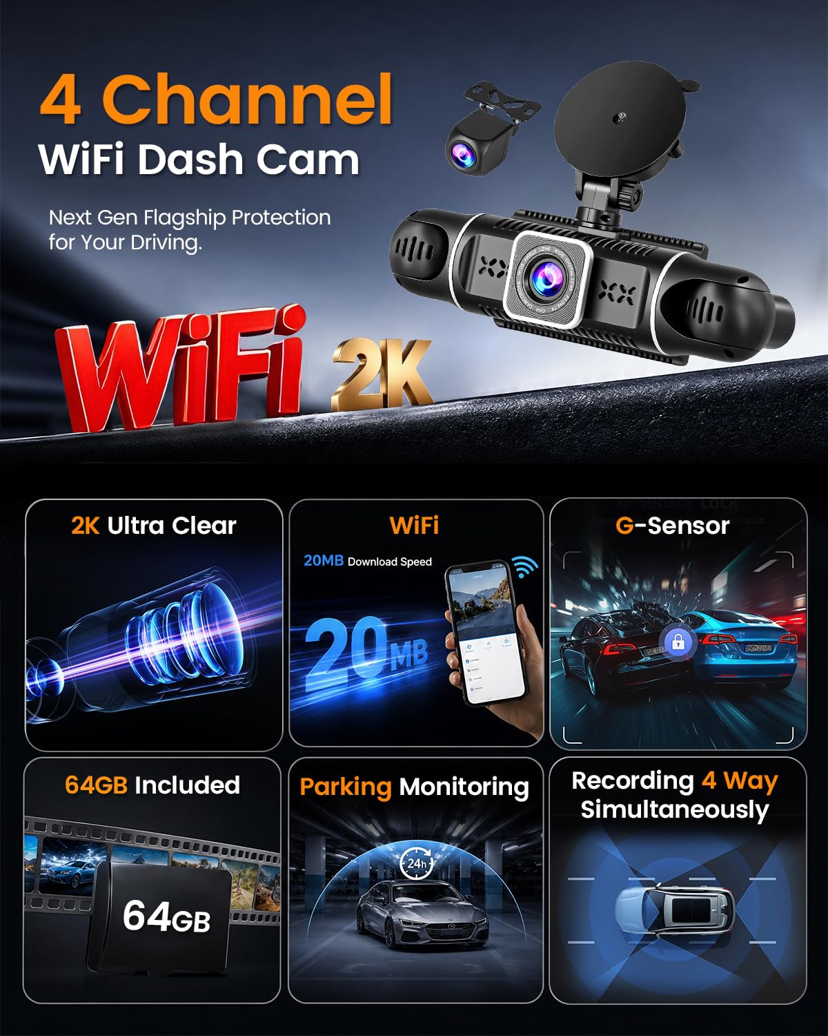 2K WiFi kamera samochodowa 4-kanałowa z kartą SD 64 GB, kamera Dashcam FHD 2K przód + 1080P tył wewnętrzny lewy i prawy - nagrywanie w pętli, czujnik G, noktowizor, monitorowanie parkowania, kopia