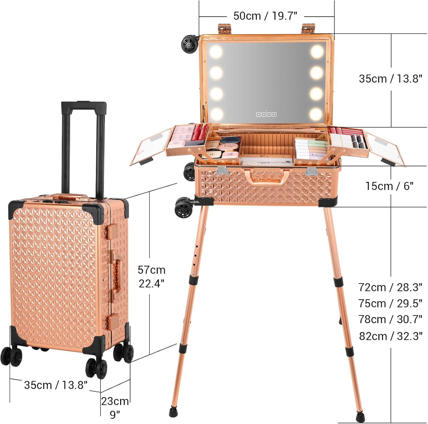Rolling Makeup Train Case with Lighted Mirror and Bluetooth Speaker Professional Cosmetic Organizer Case with Wheels, Stands Portable Makup Station Vanity for Travel (Rose gold, Small)