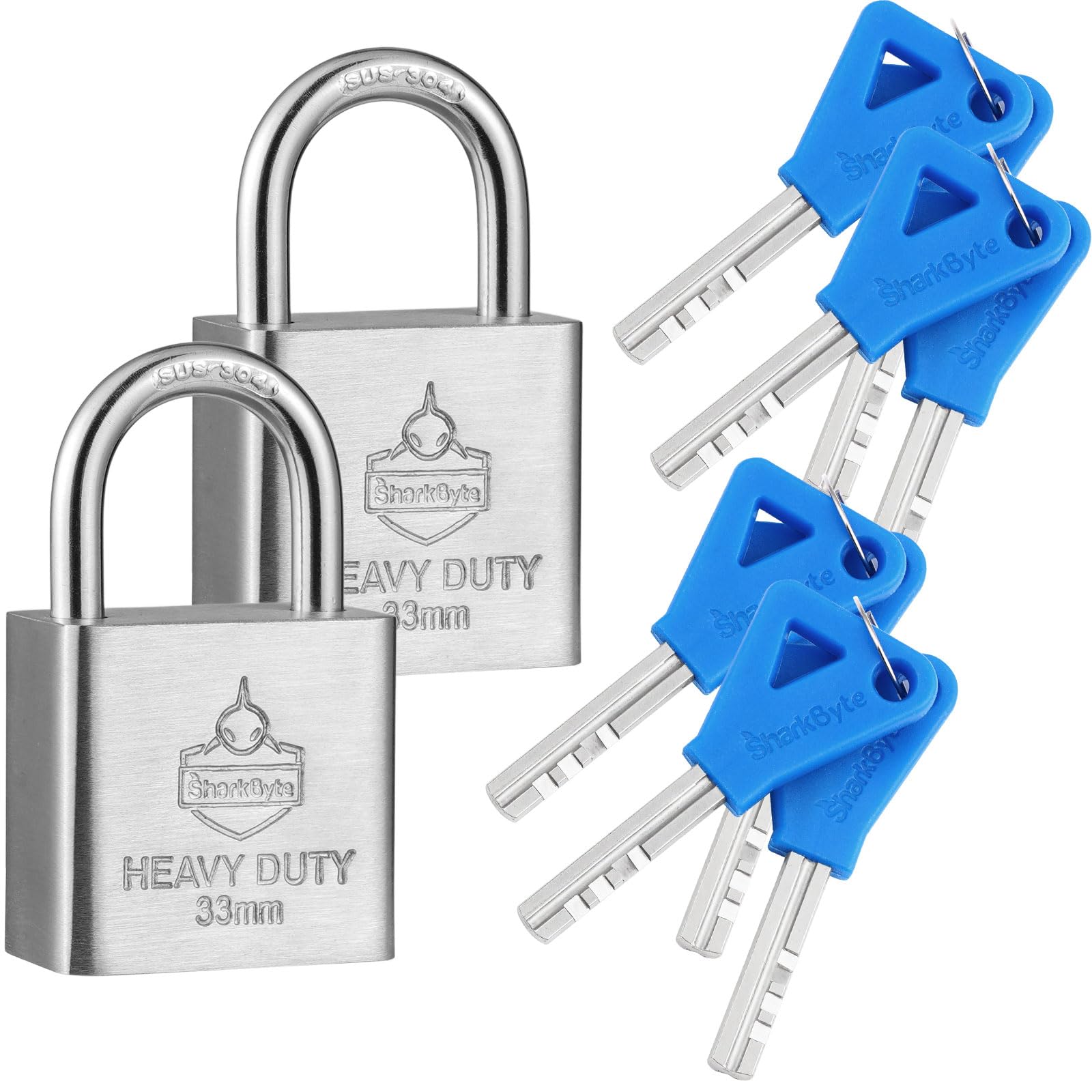 Sharkbyte 2 Pack [Never Rust] Heavy Duty Waterproof Outdoor Padlock With 4 Keys [33Mm] 100% Stainless Steel Hardened Body & Mechanism, Weatherproof Lock, Anti-Corrosion For Locker, Shed, Garage, Gym