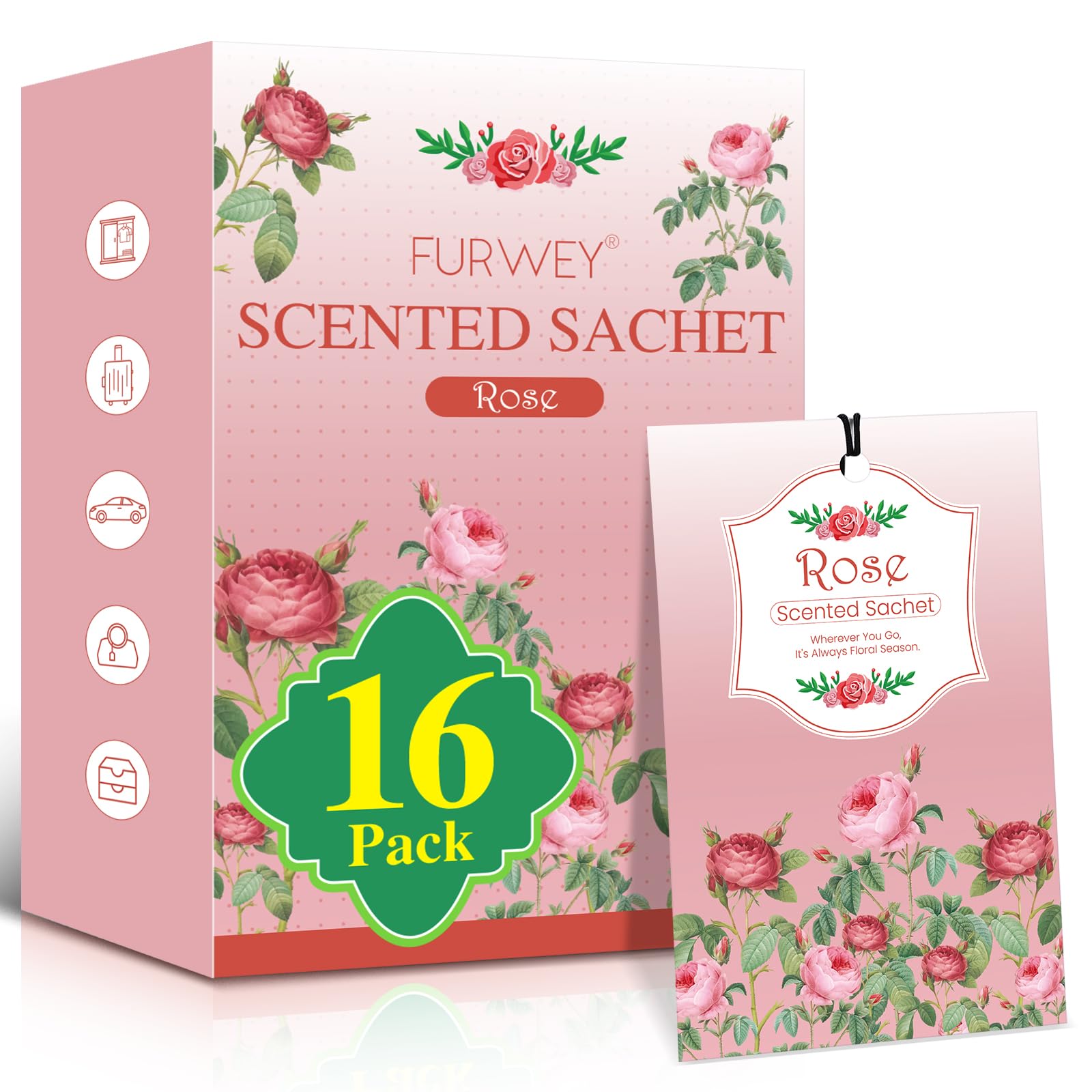 FURWEY 16 Packs Rose Scented Sachets, Long Lasting Sachet Bag