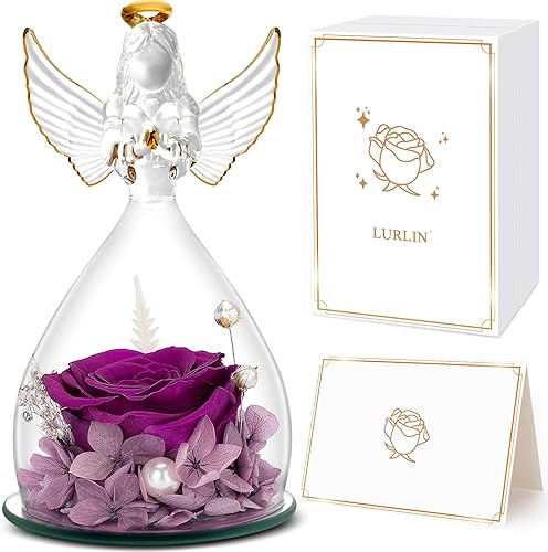 LURLIN Regalos de cumpleaños para mujeres, flores preservadas, regalo de rosas para mamá, esposa, novia, figuras de ángel de cristal con rosa para
