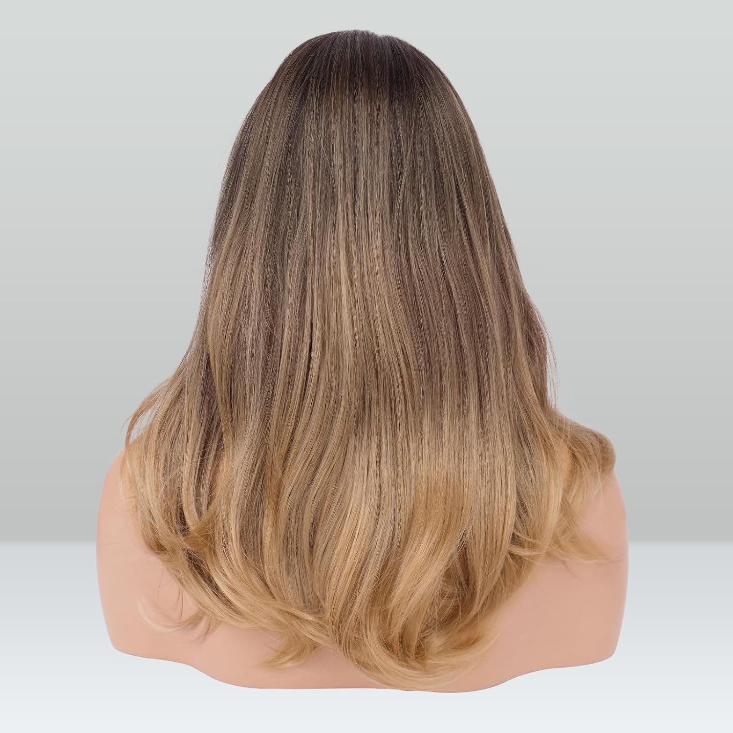 FESHFEN Brown Ombre Blonde Wigs with Bangs, Synthetic Natural Looking Long Layered Straight Hair Wig for Women Daily Party Use, 18 inch