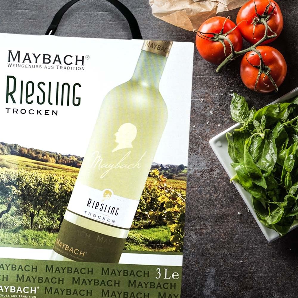 Maybach Riesling QbA, trocken, Bag-in-Box, sortenreines Weinpaket + VINOX Winecards (4x3,0l)