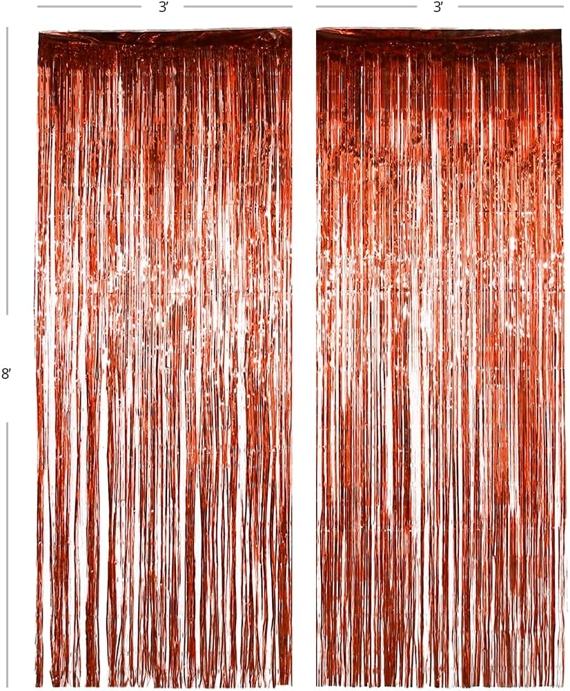 Andaz Press Rose Gold Foil Fringe Party Door Curtain Backdrop, 2-Pack, 6-Feet Total Width x 8-Feet Height, Shiny Metallic Copper Champagne Themed Bridal Shower Supplies