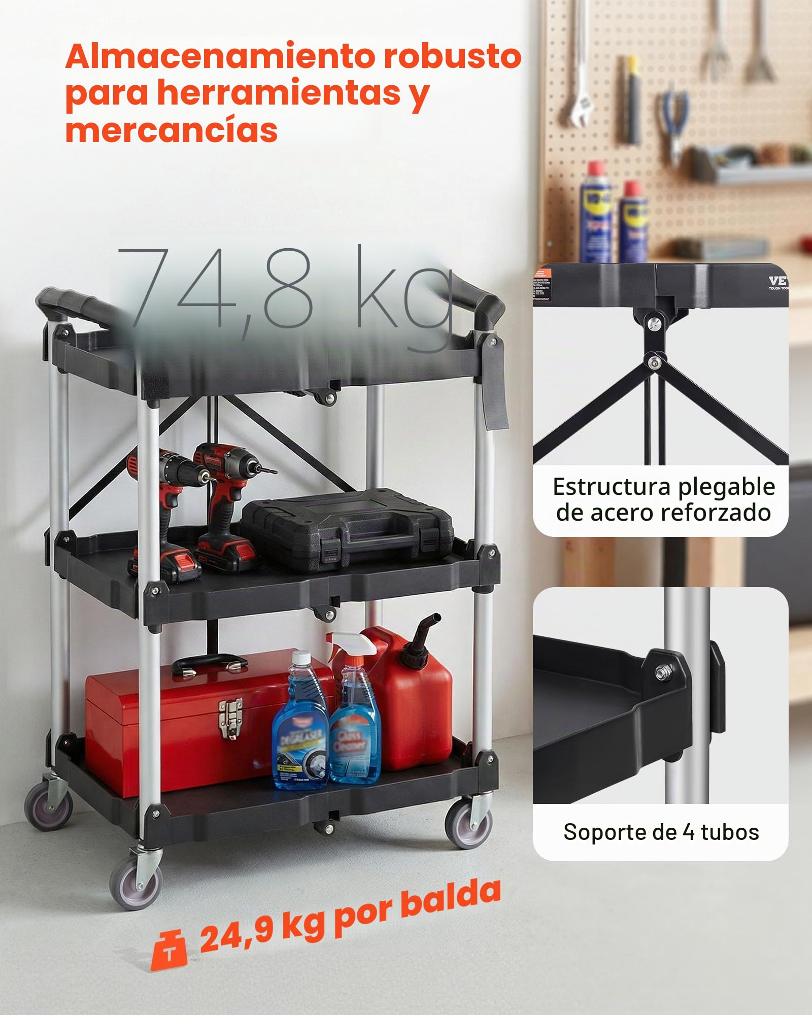 VEVOR Carro de Servicio 65x39x83 cm Carro de Transporte Utilitario Plegable 3 Estantes Capacidad Total 74,8 kg​ 25 kg​/Estante Ruedas Giratorias (2 con Frenos) para Garaje Herramientas Almacén Oficina
