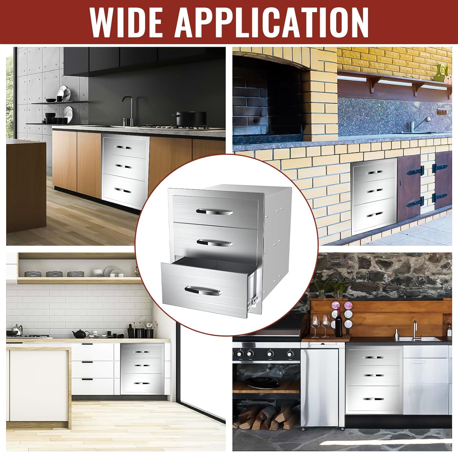 Outdoor Kitchen Drawers, BBQ Drawers for Outdoor Grill Station, 20''W x 27''H x 23''D Stainless Steel Built-in Cabinet with Handle, Weatherproof and Durable Storage for BBQ Accessories and Trash