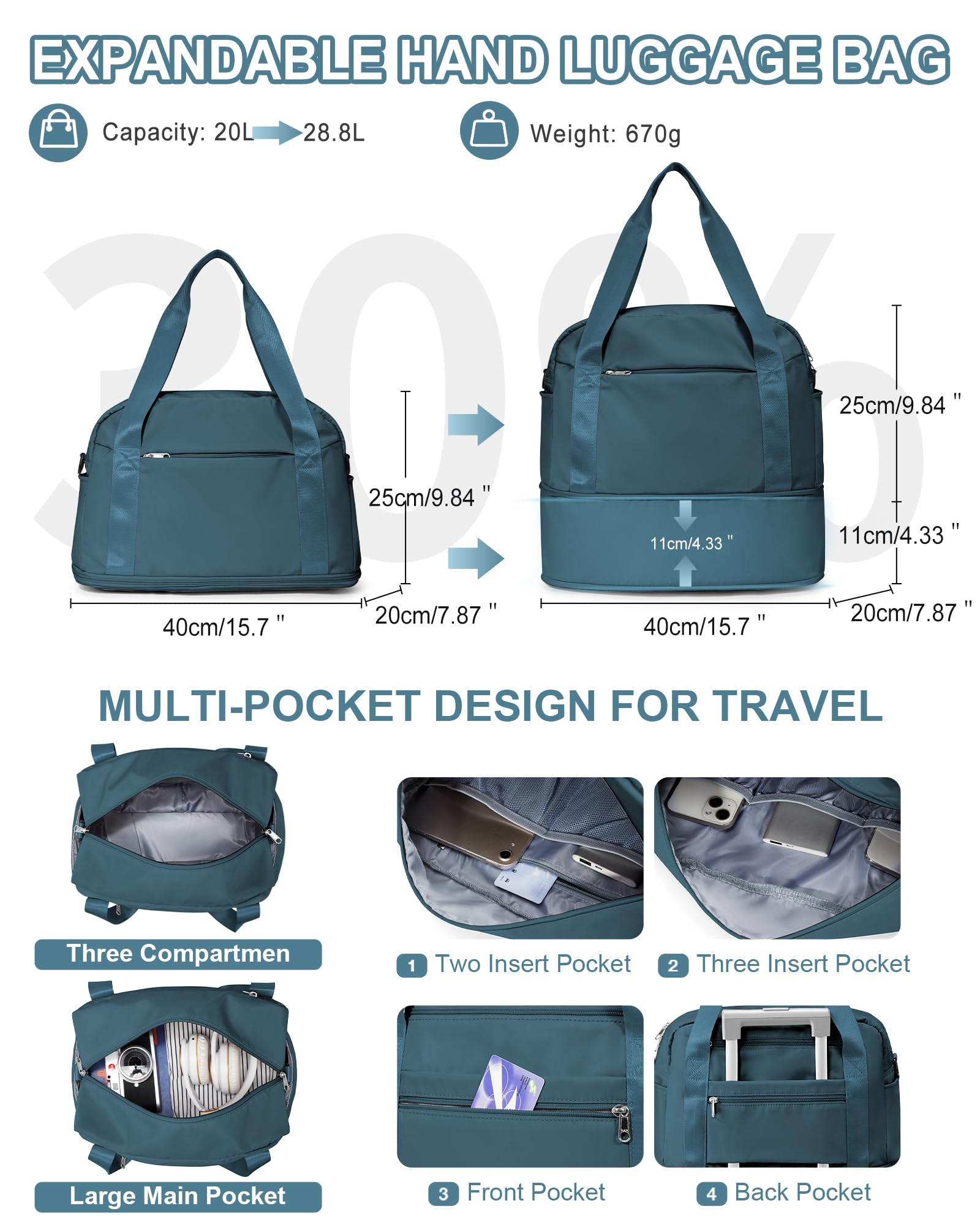 40x20x25 Ryanair Borsa da Viaggio Bagaglio a Mano Borsone da Viaggio Espandibile Borsa Palestra Borsone Palestra Valigia Borsa da Weekend Borsone Valigia Borsa a Mano,P7-Blu pavone
