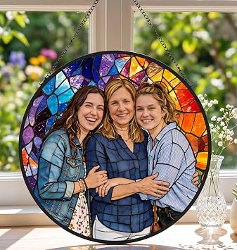Personalized Family Stained Glass Sun Catcher, Custom Photo Family Portrait Faux Window Hanging Ornament, Custom Photo Gift for Grandpa for Dad Mom, Christmas, Fathers Day, Birthday, Anniversary