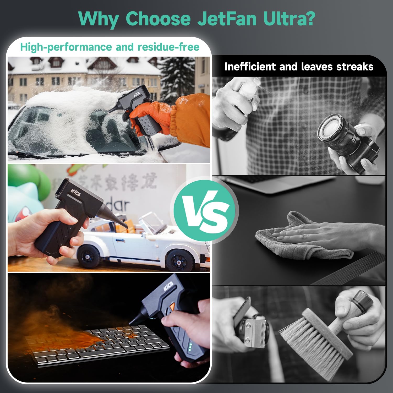 Kica JetFan Ultra Druckluft-Staubwedel, 110.000 U/min, kabellos, 48 m/s Luftstrom, wiederaufladbares Luftgebläse mit Dual-LED-Lichtern, freie Geschwindigkeitseinstellung, 4 Düsen für PC, Autowäsche