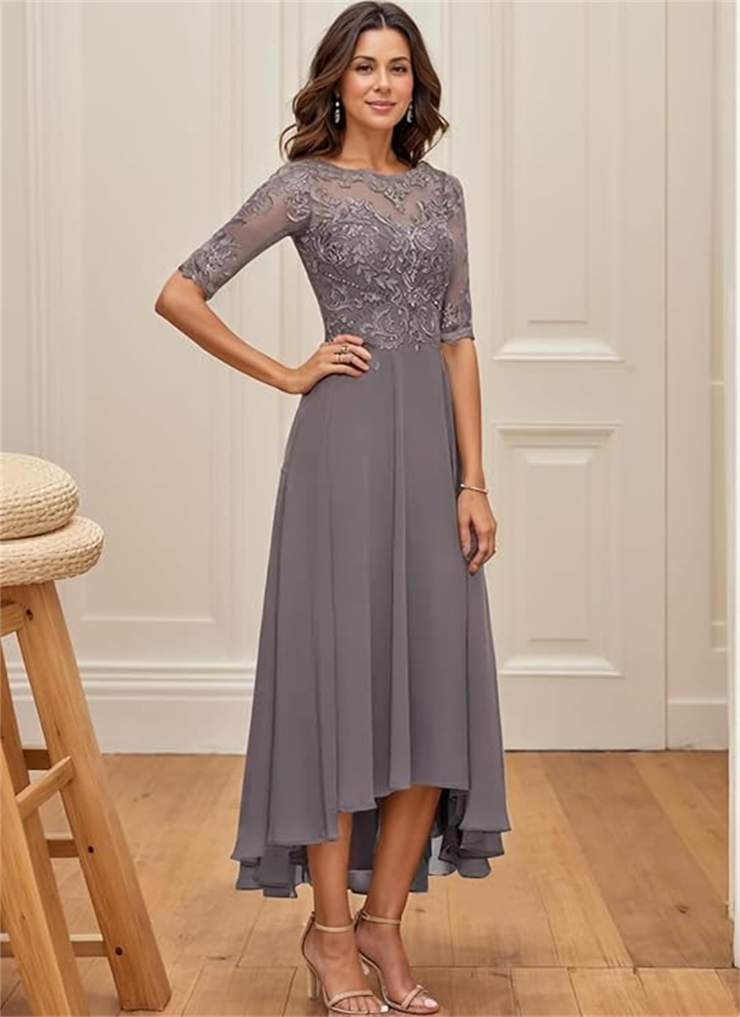Tee Länge Brautmutterkleider Spitze Kleider für die Mutter der Braut Damen Elegant Chiffon A-Linie Abendkleid mit 1/2 Ärmel