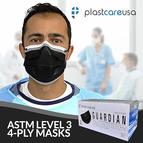 Miniatura 8 de Paquete de 100 máscaras faciales desechables ASTM Nivel 3 de 4 capas azules y 100 negras