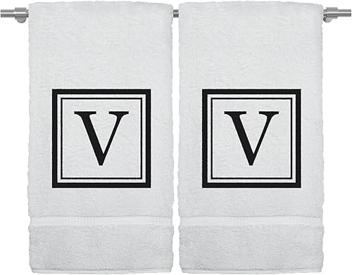 Miniatura 93 de Monogrammed Hand Towel, 16 x 30 Inches Set of 2, Personalized Gift- White Letter Embroidered with Square Design on Black Towel - Extra Absorbent