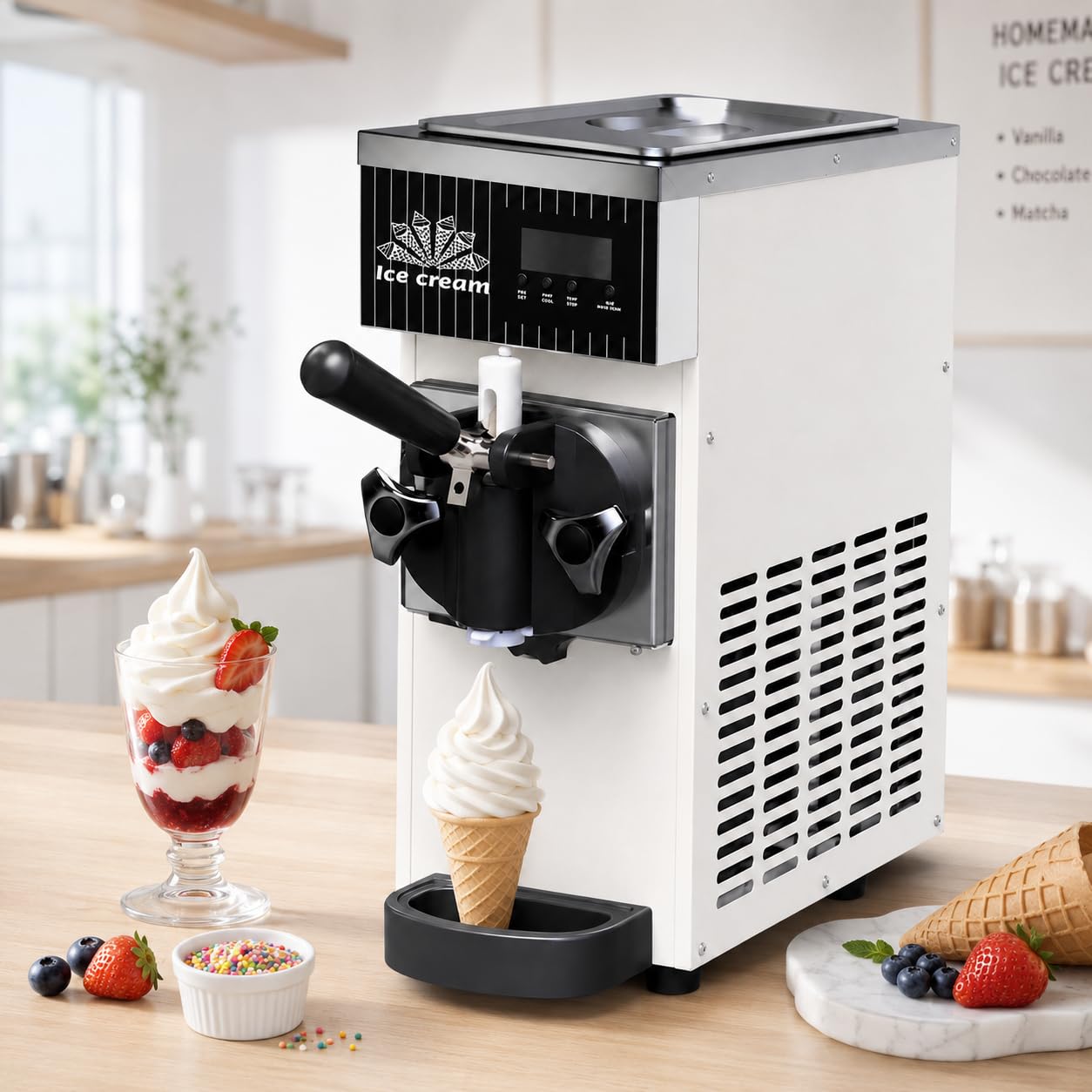 Macchina per Gelato, Macchina per Gelato Soft Commerciale da Banco 450 W Monogusto, Produzione 4-5 kg/h, Serbatoio da 2,5 L, Pannello LCD e Pulizia Automatica per Casa, Feste e Bar White