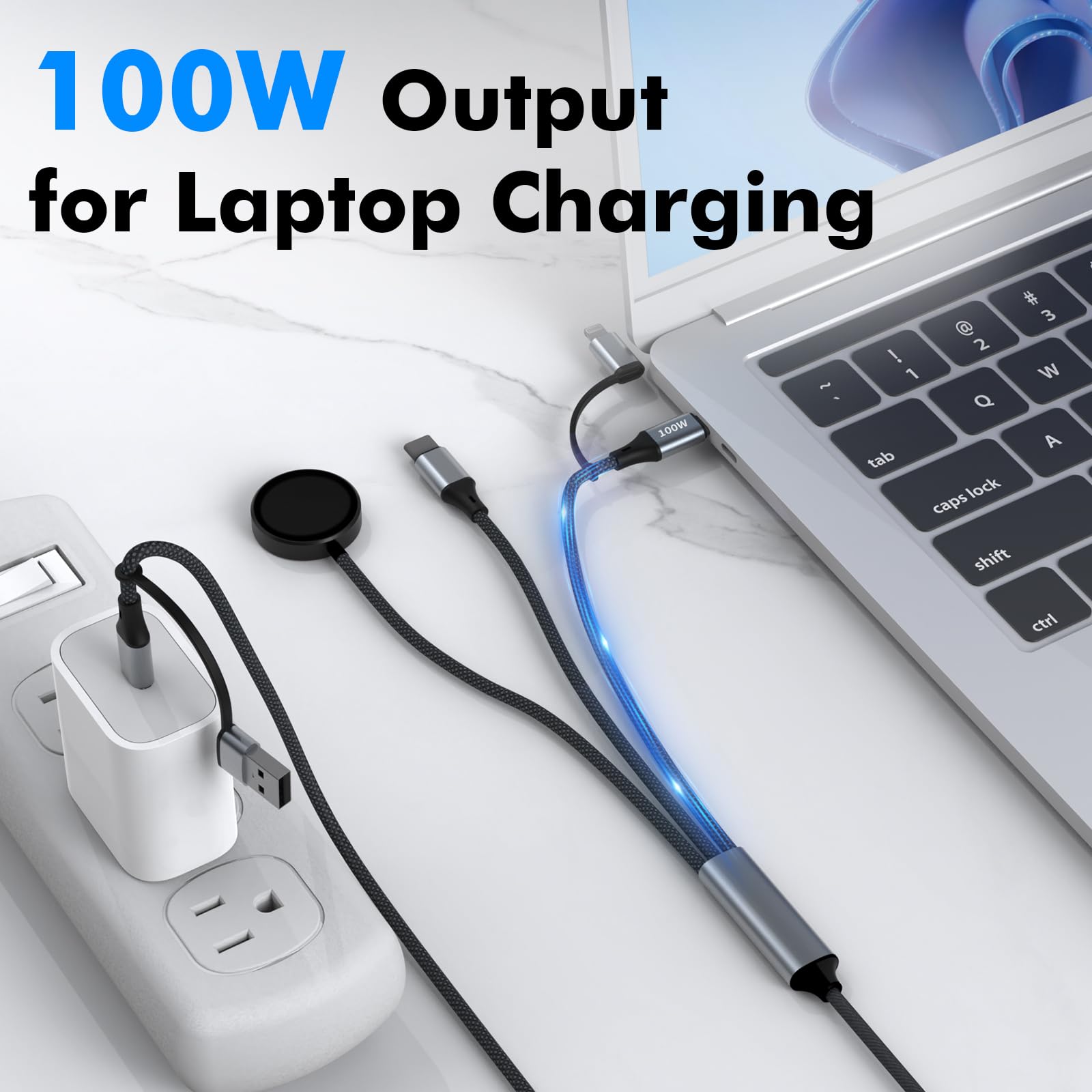 Travel Depot Câble de charge multifonction 4 en 1 pour Apple Watch, chargeur multiple universel pour tous les appareils, câble USB-C de charge rapide de 100 W compatible avec iWatch Ultra/SE/10