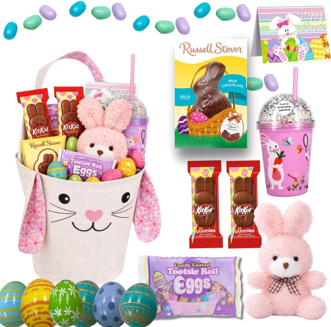 Prefilled Easter Gift for Kids – Chocolate & Candy Care Package, Premade Spring Present for Boys & Girls, Ready to Gift (Pink)