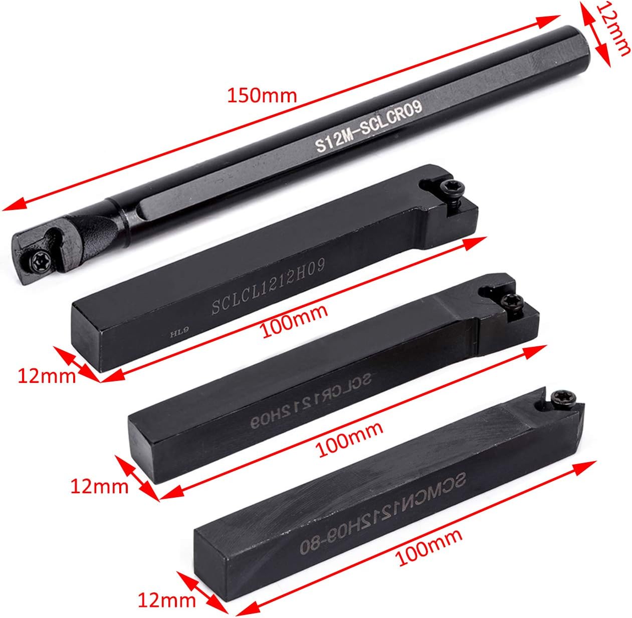 Maizoon CNC Lathe Bit Tool Holder 4pcs S12M-SCLCR09 SCLCR1212H09 SCLCL1212H09 SCMCN1212H09 + 10pcs Carbide Inserts + 4pcs Wrench, Heavy Duty Lathe Internal Grooving Turning Boring Bar DZ07