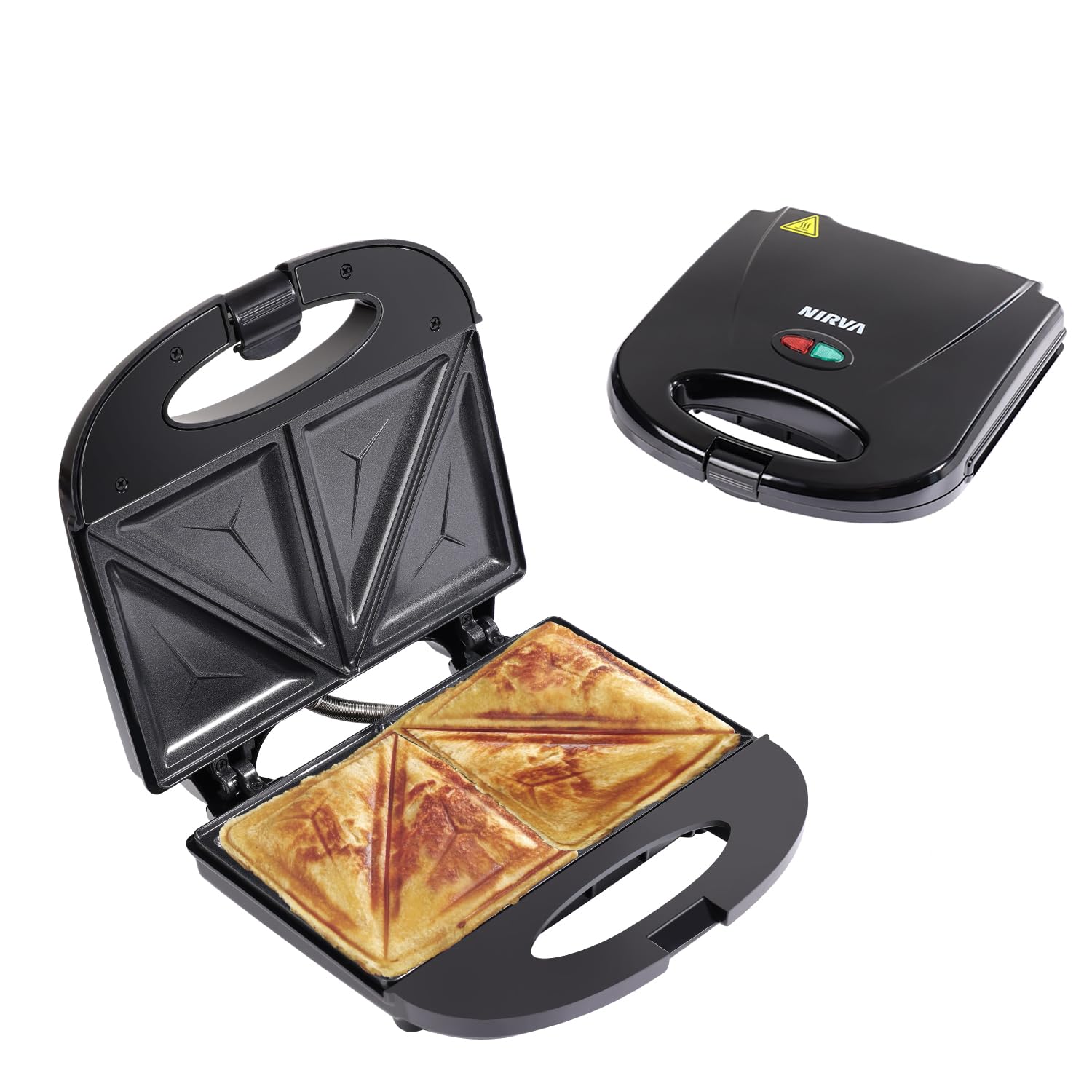 NIRVA 750W Sandwichtoaster für 4 Sandwiches, Sandwichmaker mit Antihaftbeschichtung, Sandwich Maker mit 90s Schnellaufheizung, Panini Grill Toaster, Kontrollleuchten, Schwarz