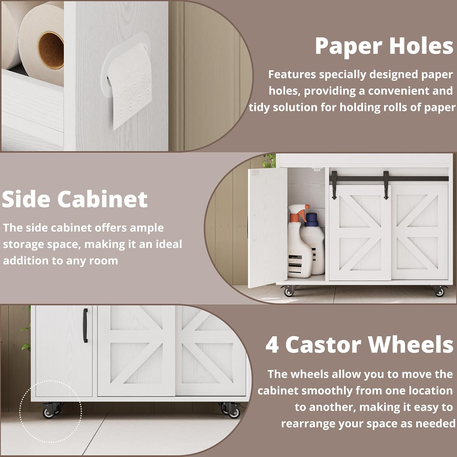 IRONCK Toilet Paper Cabinet, Slim Bathroom Cabinet with 4 Rolling Wheels, Farmhouse Slim Storage Cart with Paper Holes, Sliding Doors and Adjustable Shelf for Small Space, White/Walnut
